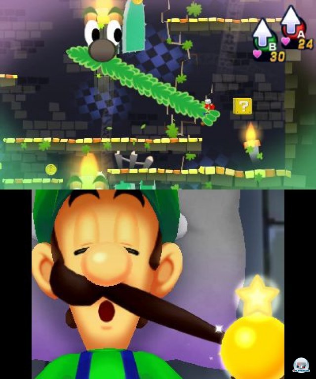 Mit Hilfe von Luigis Traum-Schnurrbart schleudert man Mario auf höhere Plattformen. Einfach unten zupfen und zu Mario ziehen.